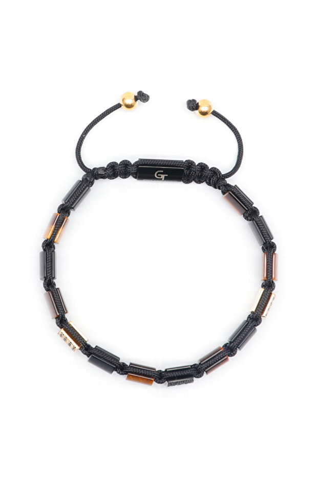 Pánský náramek GT Collection s plochými korálky, TYGŘÍ OKO, ČERNÝ ONYX, energetické kameny, univerzální velikost a nastavitelná šňůrka - 6