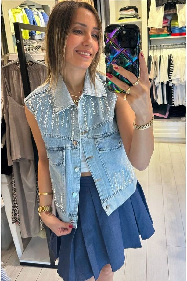 MZR Collection Kadın Cebi ve Göğsü İnci İşlemeli Kot Yelek - 1