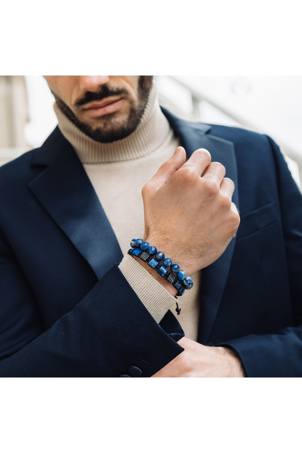 Pánský náramek GT Collection s jedním korálkem a energetickými kameny LAPIS LAZULI, univerzální velikost a nastavitelná šňůrka - 2
