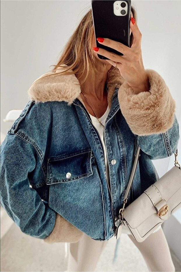 Women's Denim Coat with Fur Collar and Sleeves