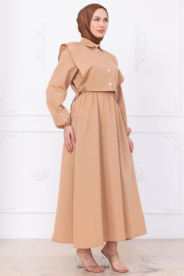 Bolerolu Beli Lastikli Elbise Camel HM2756 - 3