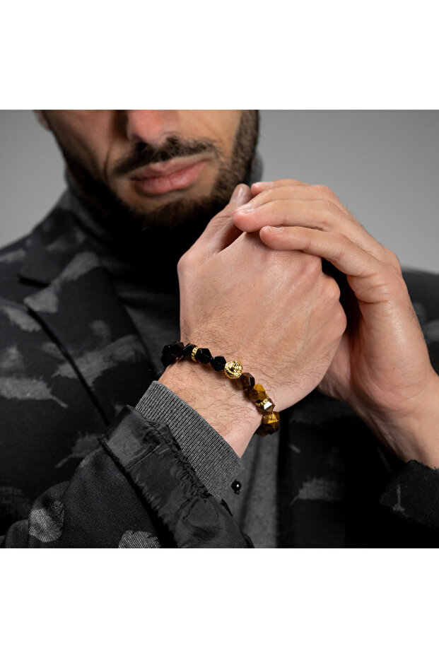 GT Collection, Pánský náramek s lví hlavou a tygřím okem, energetické kameny ONIX, univerzální velikost a nastavitelná šňůrka - 4