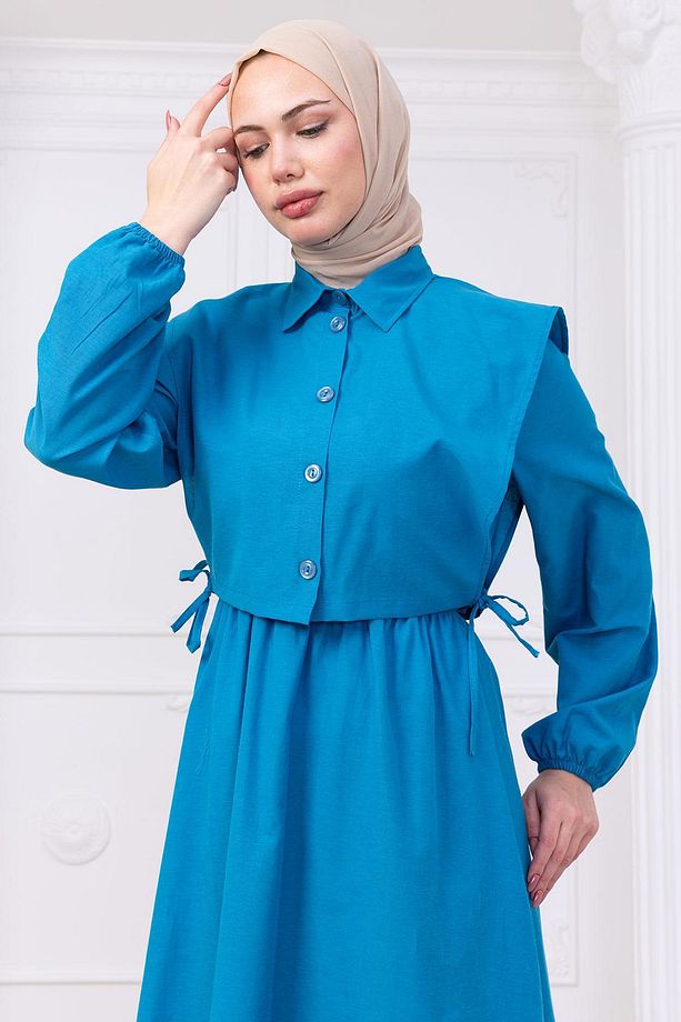 Bolerolu Beli Lastikli Elbise Mavi HM2756 - 6