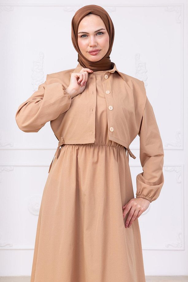 Bolerolu Beli Lastikli Elbise Camel HM2756 - 7