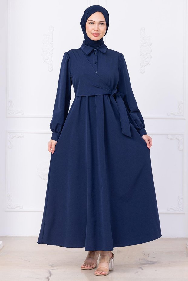 Side Tie Hijab Dress Navy Blue Hm2753