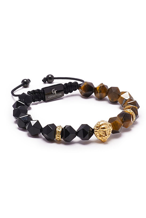 GT Collection, Pánský náramek s lví hlavou a tygřím okem, energetické kameny ONIX, univerzální velikost a nastavitelná šňůrka - 3