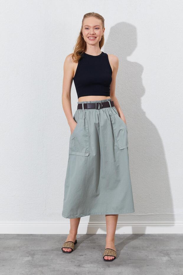 Women's Khaki Palaska Belted Gabardine Skirt with Front Pocket