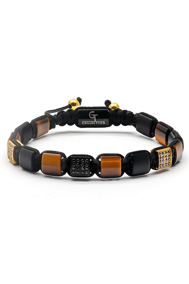 Pánský náramek GT Collection s plochými korálky, TYGŘÍ OKO, ČERNÝ ONYX, energetické kameny, univerzální velikost a nastavitelná šňůrka - 1