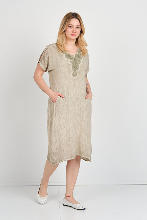Women's Shoulder Detailed Double Pocket Self Patterned Dress 19E074 Green