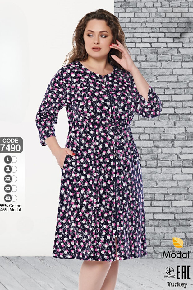 Women's Plus Size Cotton Modal Fabric Patterned Summer Dress with Zipper 7490