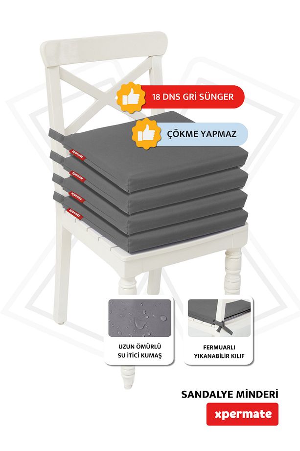 Fermuarlı 4'lü Sandalye Minderi Su Itici Kumaş 40x40 Cm Sünger Sandalye Minderi Bağcıklı Antrasit - 3