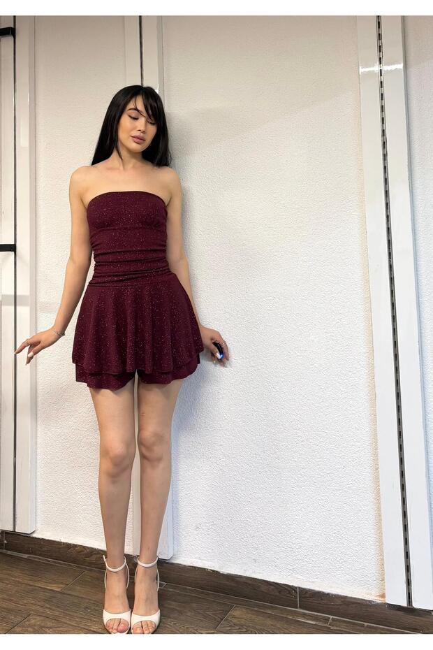Straplez Simli Şortlu Elbise - 5
