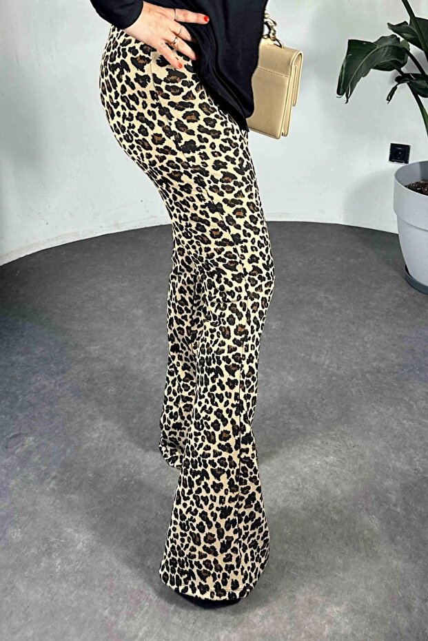 Women's steel knitted elastic waist full length full lycra Flared leopard patterned pants