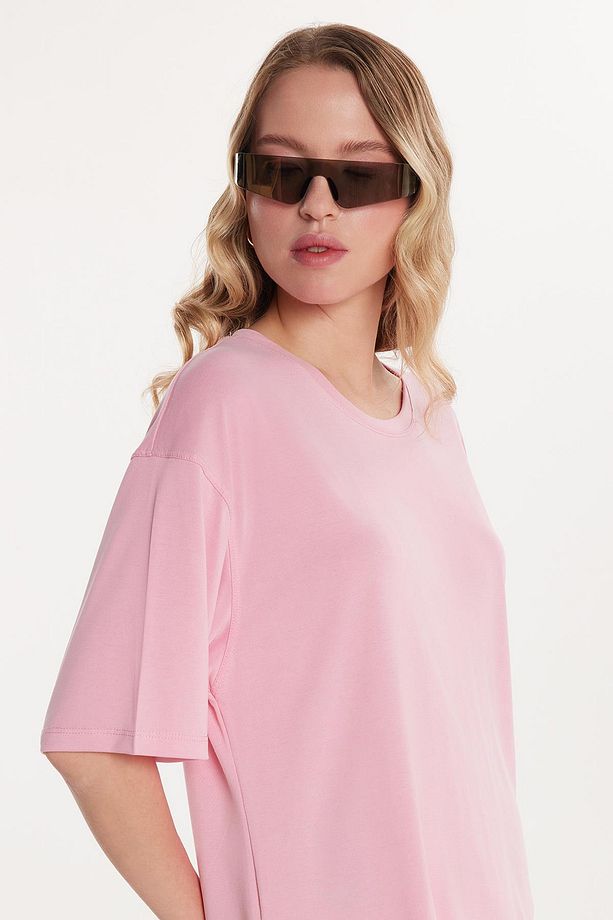 Kadın Modal Kumaş Regular Fit Kısa Kollu Bisiklet Yaka Pembe Tişört - 2