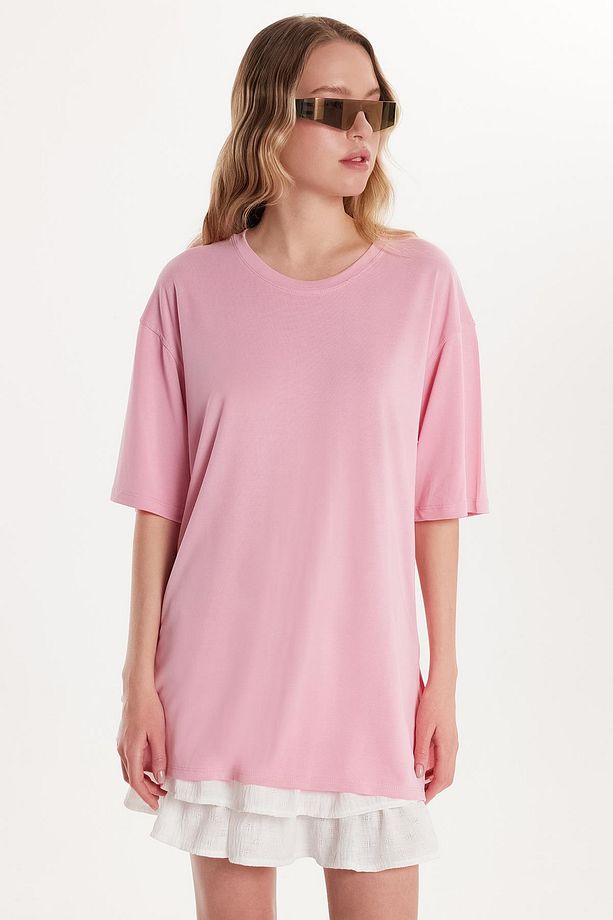 Kadın Modal Kumaş Regular Fit Kısa Kollu Bisiklet Yaka Pembe Tişört - 4