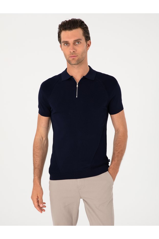 Navy Blue Slim Fit Zippered Polo Neck Knitwear T-Shirt 50300797-Vr033