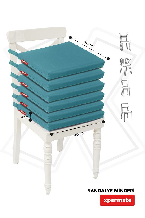 Fermuarlı 6'lı Sandalye Minderi Su Itici Kumaş 40x40 Cm Sünger Sandalye Minderi Bağcıklı Yeşil - 5