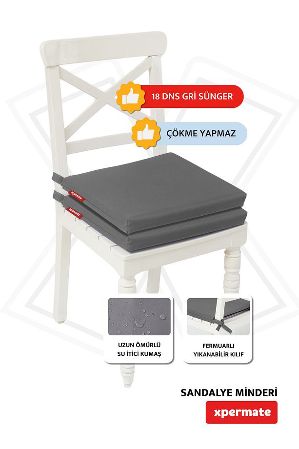 Fermuarlı 2'li Sandalye Minderi Su Itici Kumaş 40x40 Cm Sünger Sandalye Minderi Bağcıklı Antrasit - 3