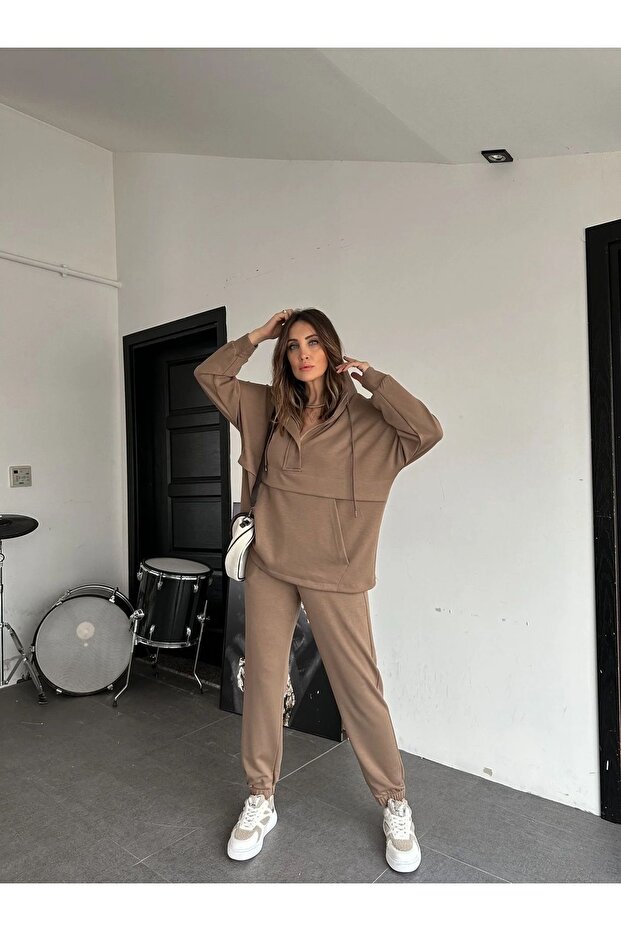Women's Hooded Pocket Modal Textured Double Suit