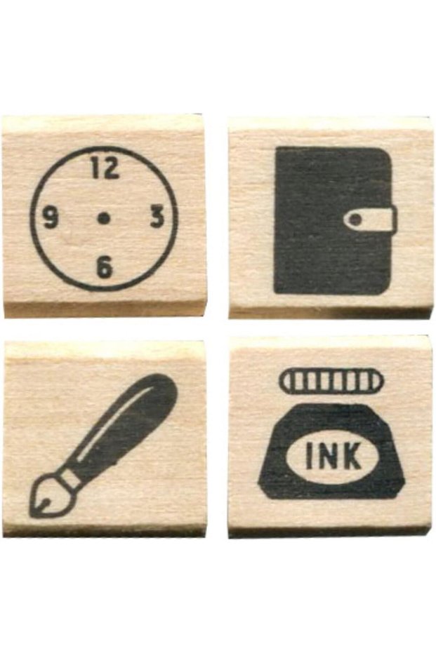 No Kao 0409-005 Stationery Clock, Notebook, Fountain Pen, Ink 4-Piece Wooden Stamp Set
