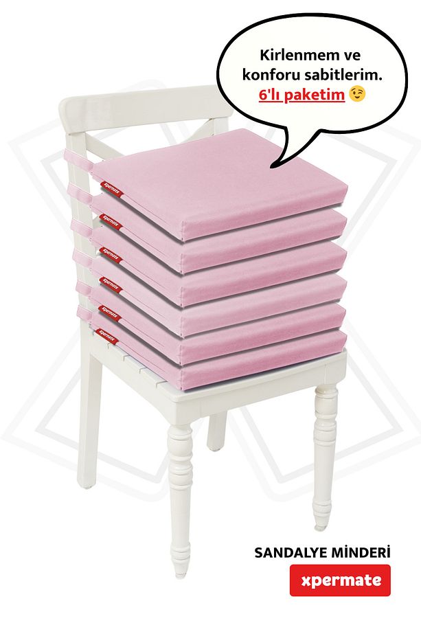 Fermuarlı 6'lı Sandalye Minderi Su Itici Kumaş 40x40 Cm Sünger Sandalye Minderi Bağcıklı Pembe - 1