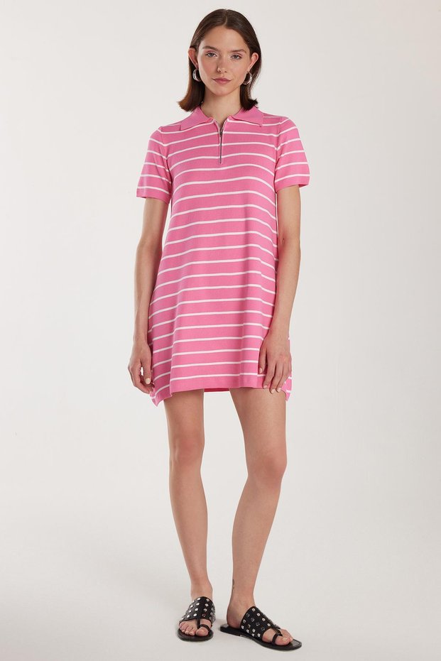 Women's Standard Fit Short Sleeve Zipper Shirt Collar Striped Pink Dress
