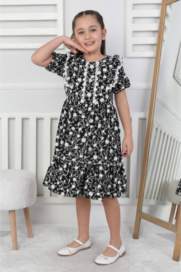Female Child Woven Viscose Fabric Starry Lace Detail Summer Festive Dress