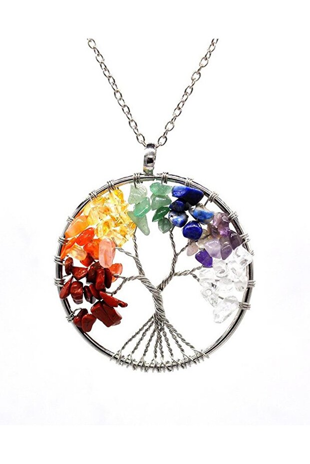 7 Chakra Tree of Life Natural Stone Pendant with Metal Chain Bbk39