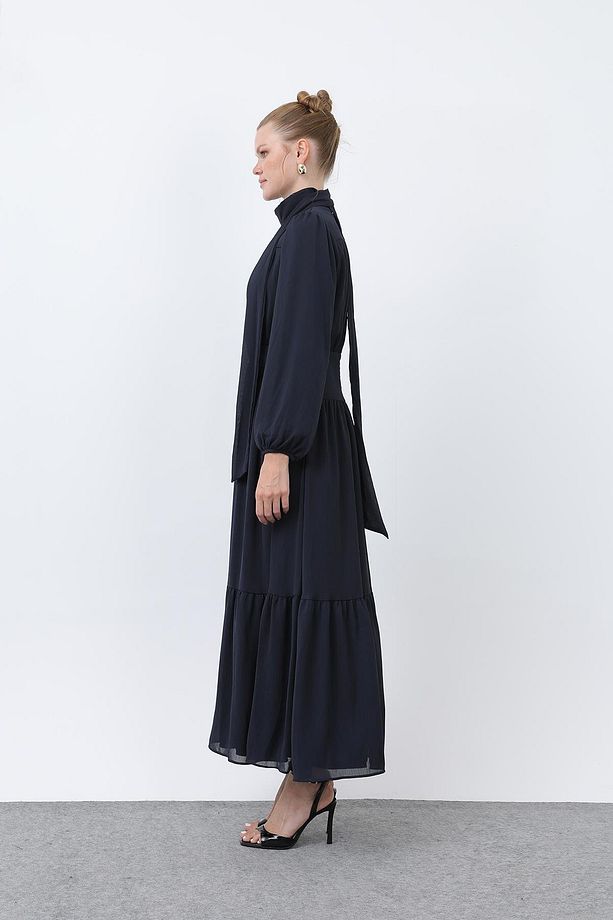 Kadın Drape Detaylı Yüksek Yaka Elbise - 12613ELB - NAVY - 4