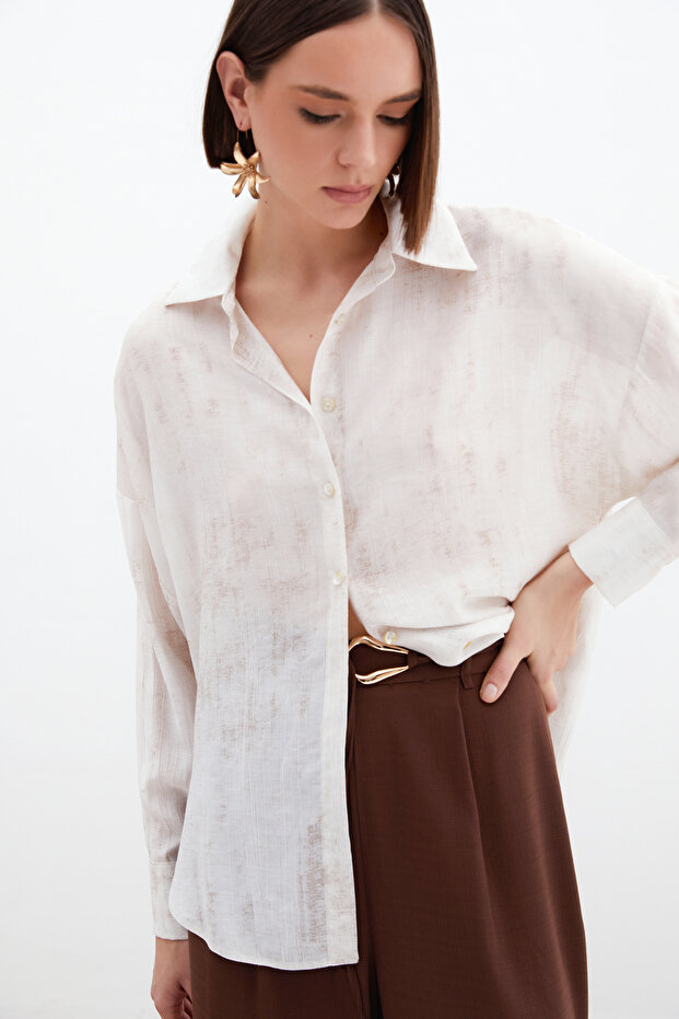 قميص فضفاض رفيع منقوش - حجري - 5