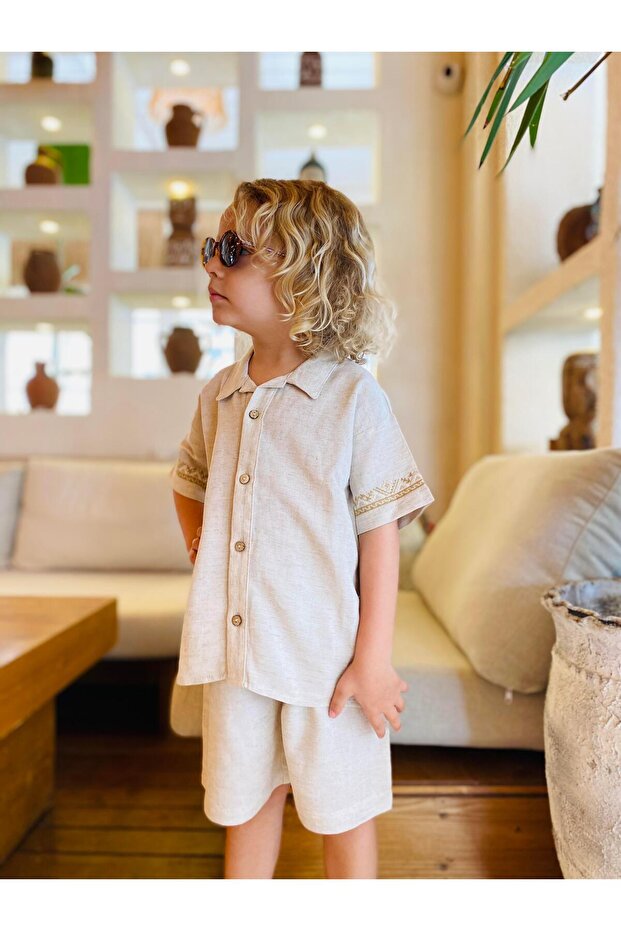 Sleeve Embroidered Shirt Shorts Linen Boys' Set
