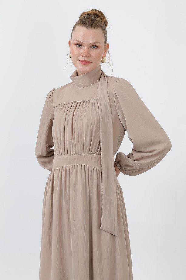 Kadın Drape Detaylı Yüksek Yaka Elbise - 12613ELB - BEIGE - 2