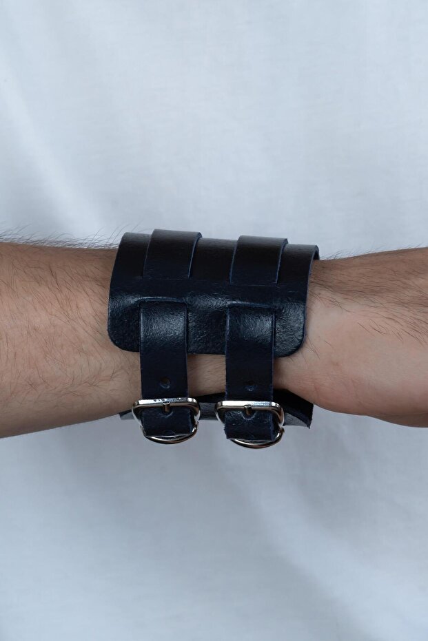 Double Buckle Wide Janissary Ottoman Men's Leather Bracelet B30