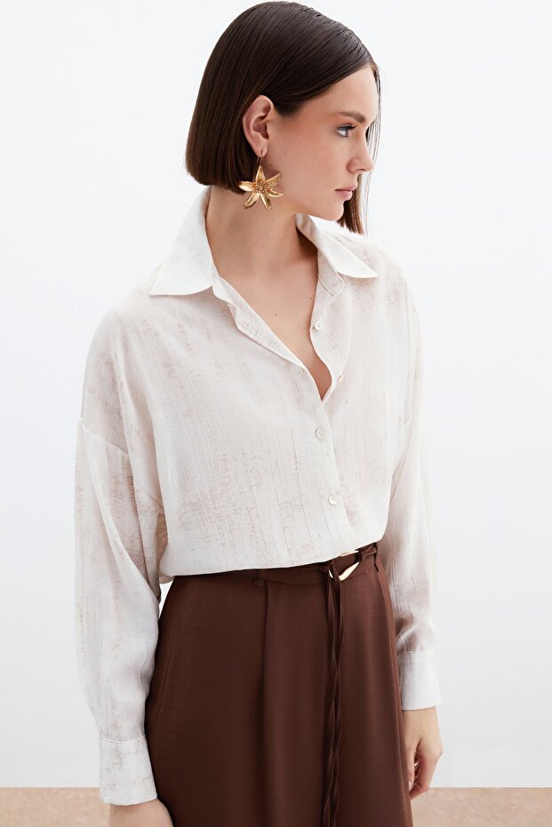 قميص فضفاض رفيع منقوش - حجري - 1