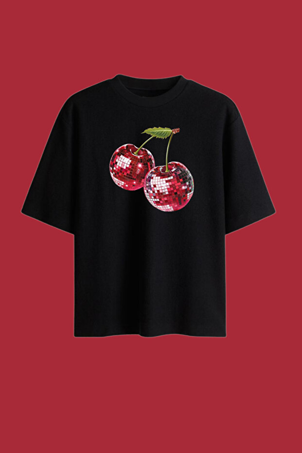 Cherry Disco Ball Printed Oversize T-Shirt