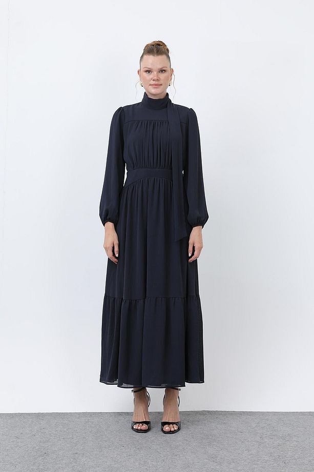 Kadın Drape Detaylı Yüksek Yaka Elbise - 12613ELB - NAVY - 3