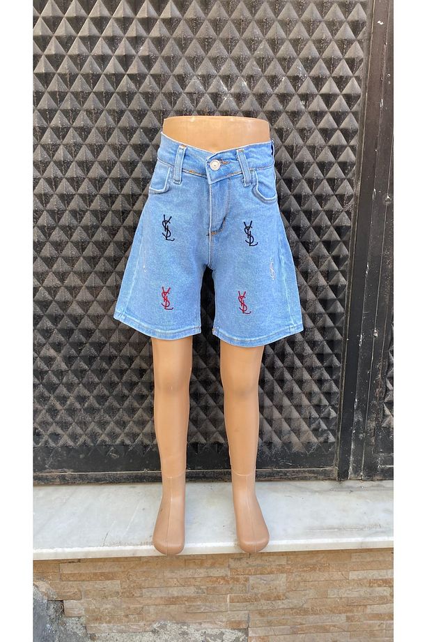 Çocuk Beli Lastikli Kot Şort Ysl Nakışlı - 2