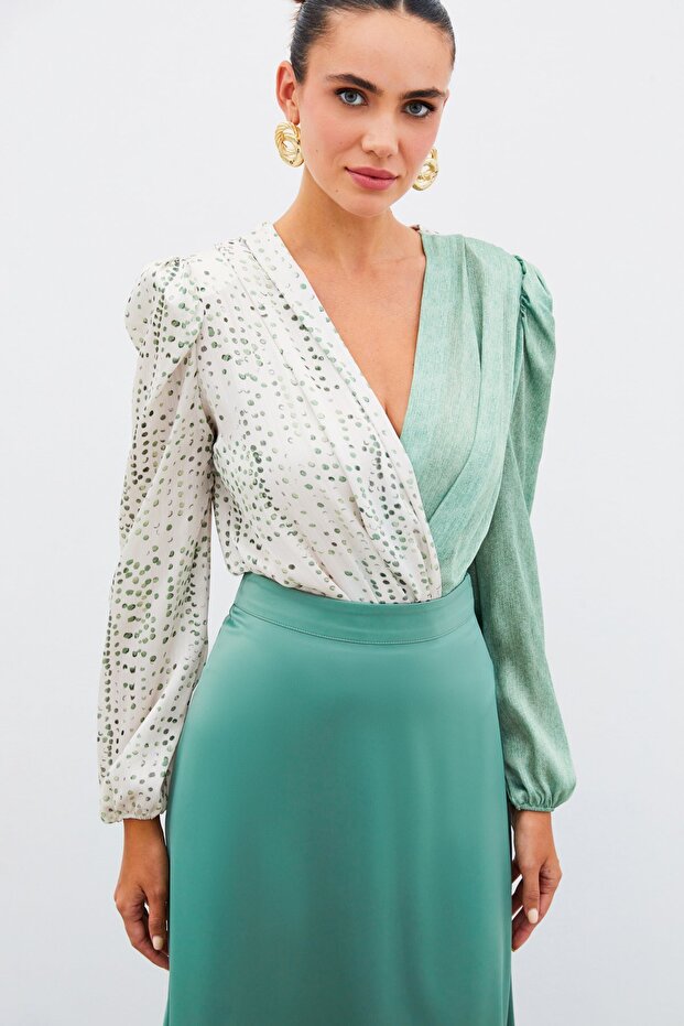 بلوزة مزدوجة الصدر بنقشة مزدوجة - أخضر تشاغلا - 2