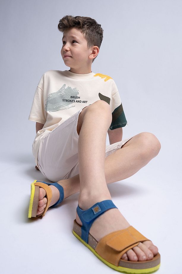 Unisex Çocuk Sarı-saks Hakiki Deri Mantar Tabanlı Günlük Çocuk Sandalet - 1