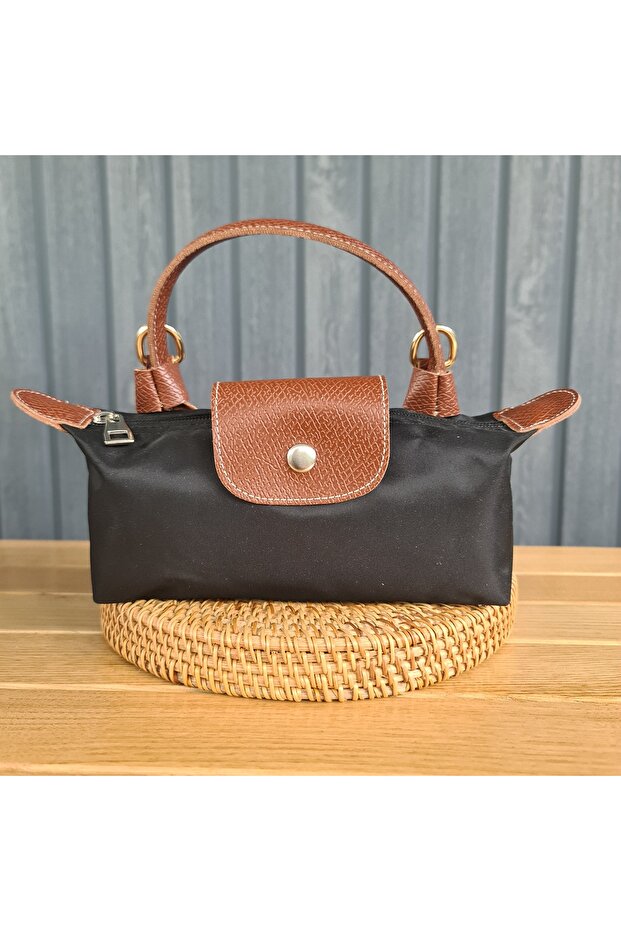 S Size Le Pliage Black Fabric Small Handbag and Shoulder Bag Long Strap