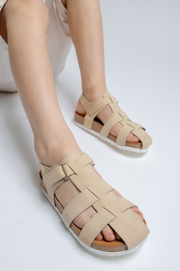 Unisex Çocuk Açık Sarı Hakiki Deri Mantar Tabanlı Günlük Çocuk Sandalet - 4