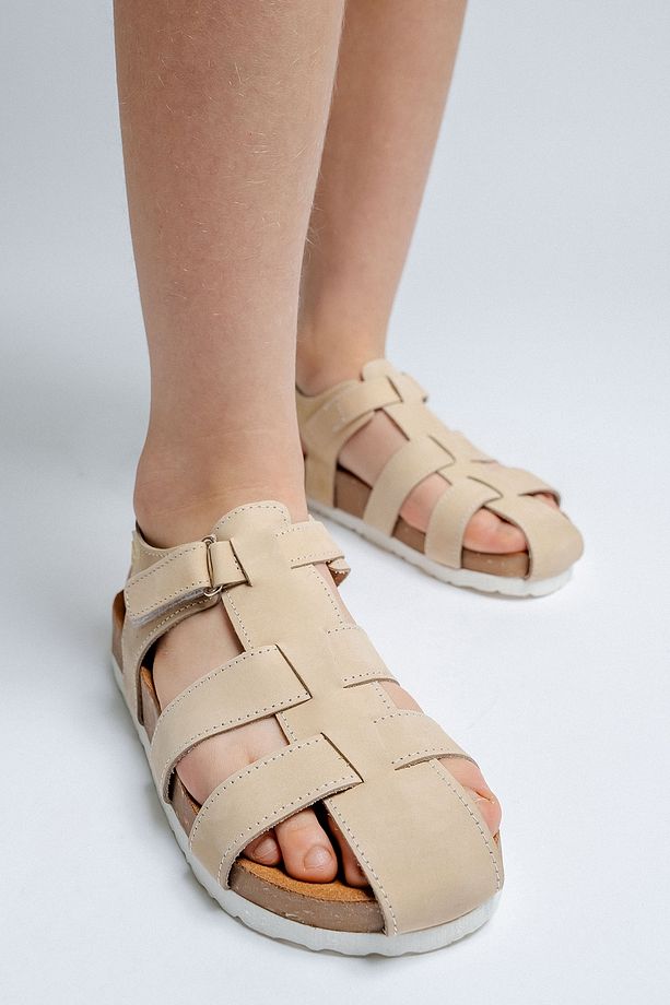 Unisex Çocuk Açık Sarı Hakiki Deri Mantar Tabanlı Günlük Çocuk Sandalet - 5