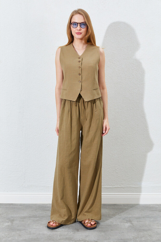 Elastic Waist Palazzo Linen Trousers - Khaki |   Ek100661940