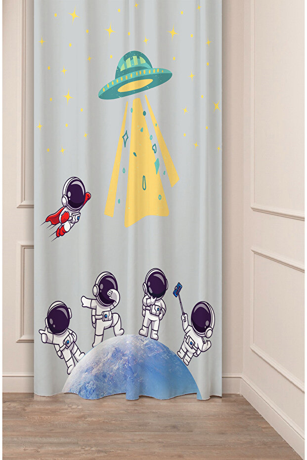 Space Astronaut Star Planet Pastel Bohemian Special Design Digital Printed (Single Wing) Gray Stylish Background Curtain