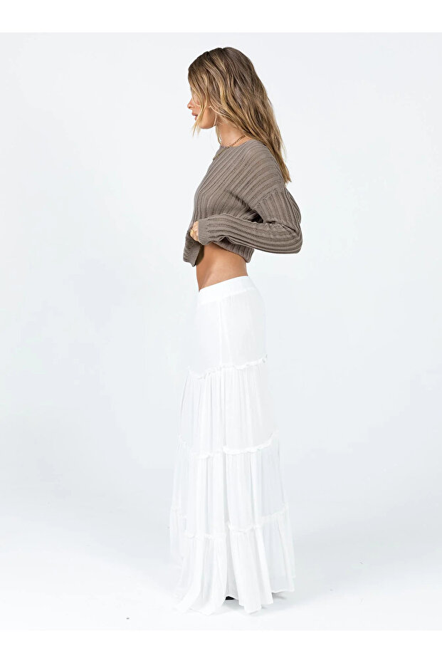 Beyaz Basic Pileli Kadın Uzun Etek - 7