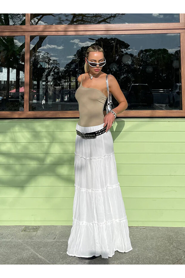 Beyaz Basic Pileli Kadın Uzun Etek - 9