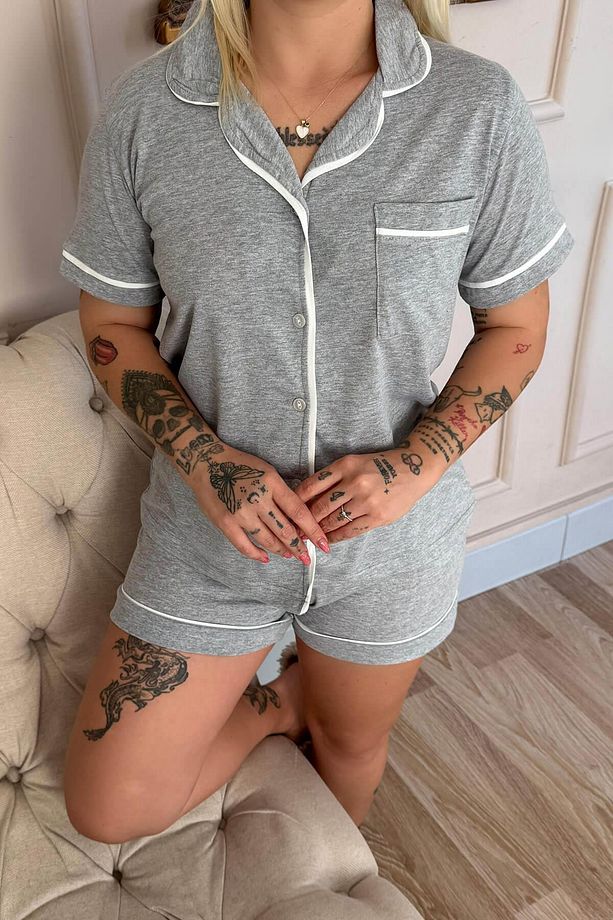 Gris Classique Desenli Kısa Kol Şortlu Önden Düğmeli Kadın Pijama Takımı - 6
