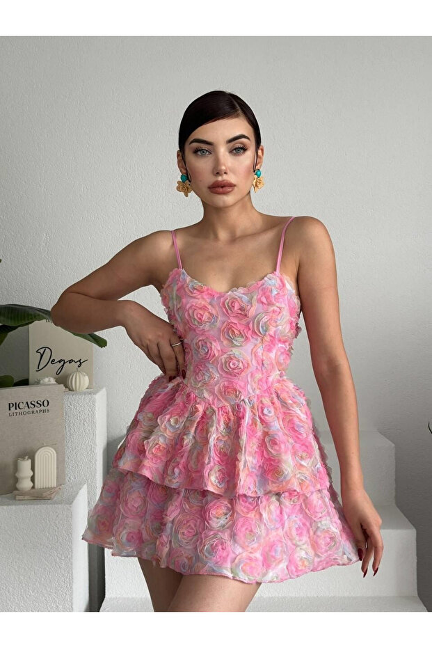 Askılı Çiçek Desenli Kat Kat Mini Elbise Pembe - 5