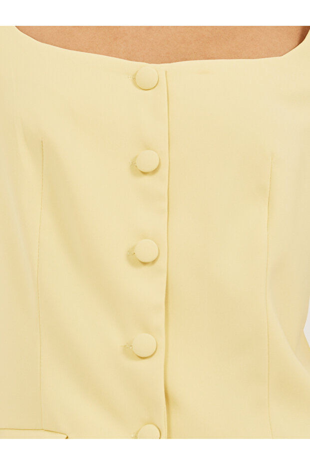 Solid Square Neck Tailored Top with Front Button - 3