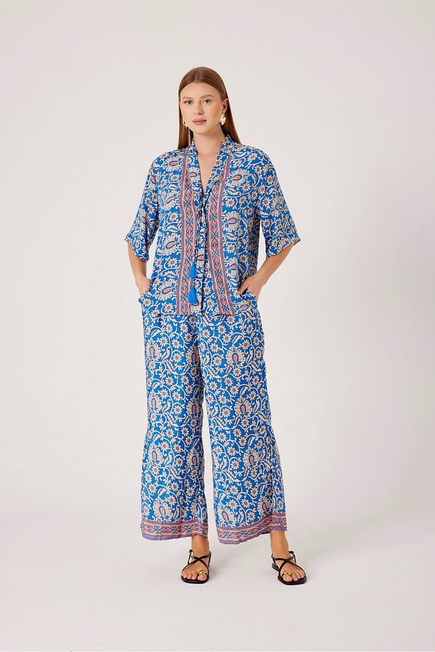 Yazlık Hint İpeği Pantalon Gömlek 2'li Takım - 1